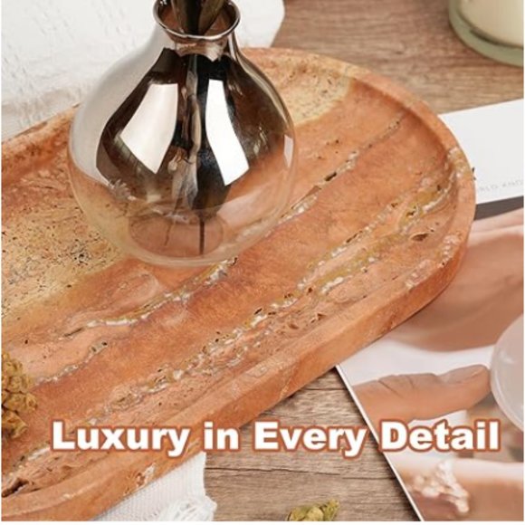 12"  Turkish Red Travertine Tray - Luxury Vanity Decorative Tray for Countertop - Picture 6 of 12